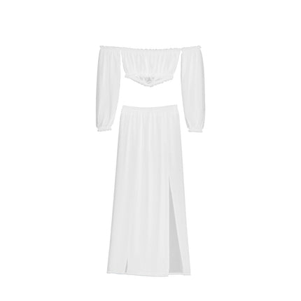 Copricostume Bikini da donna estivo tinta unita manica lunga con spalle scoperte gonne a vita alta con spacco 2 pezzi costume da bagno costume da bagno platinumshop