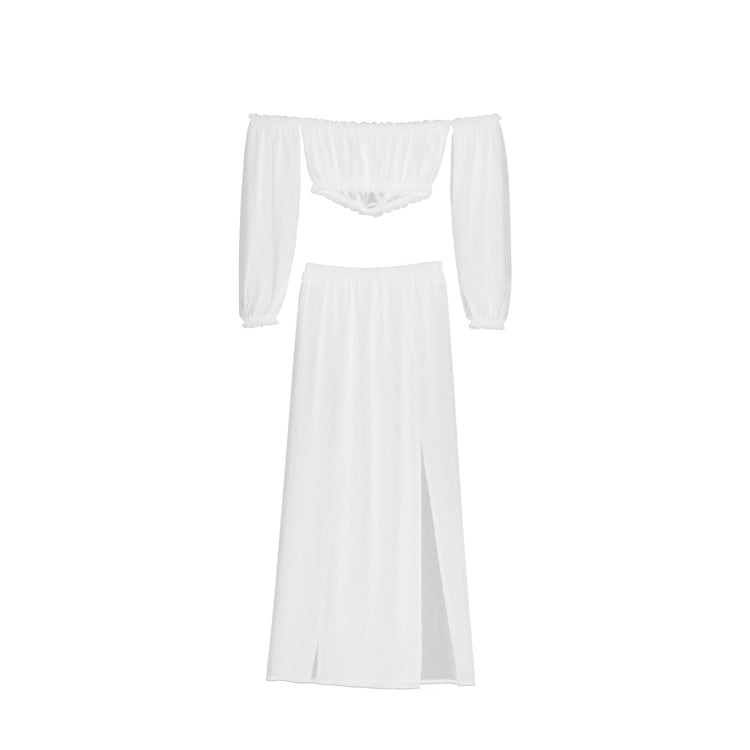Copricostume Bikini da donna estivo tinta unita manica lunga con spalle scoperte gonne a vita alta con spacco 2 pezzi costume da bagno costume da bagno platinumshop