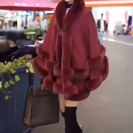 7 Colors Winter Shawl Warm Thick Cappa Coat Two Circle Faux Fox Fur Loose Poncho Cloak With Hat Women Big Pendulum Cardigan Cape