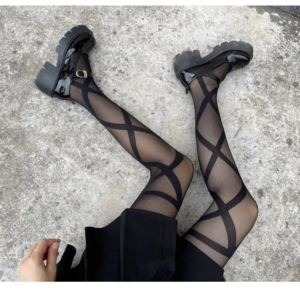Collant Sexy da Donna Sottili in Jacquard a Rombi, Collant Gotici JK con Finte Cinghie Incrociate, Leggings