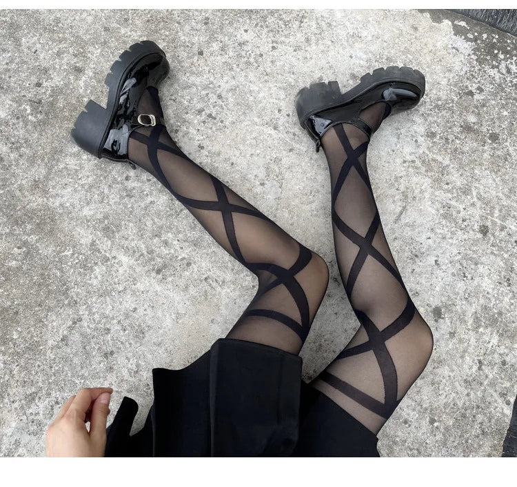 Collant Sexy da Donna Sottili in Jacquard a Rombi, Collant Gotici JK con Finte Cinghie Incrociate, Leggings