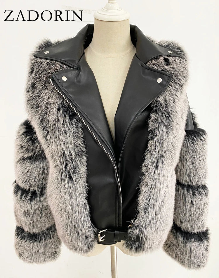 ZADORIN Top Fashion Luxury FAUX Fox Fur Coat Motorcycle PU Leather Turn Down Collar Warm Faux Fur Jacket Women Autumn Winter New