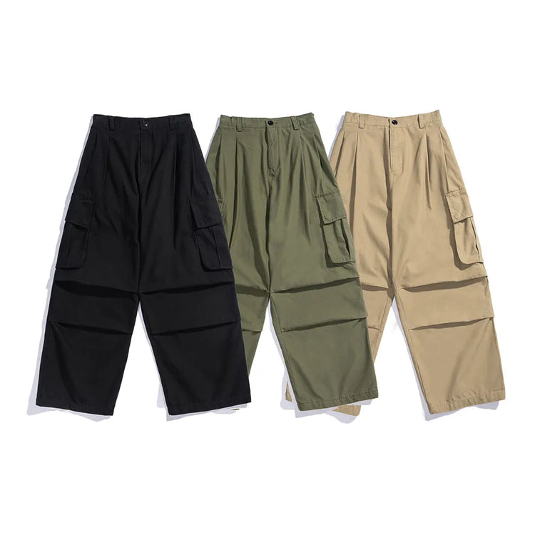 Multi-Pocket Cargo Pants Mens Safari Style Solid Color Pleated Loose Straight-leg Pants Elastic Waist Casual Trousers Men