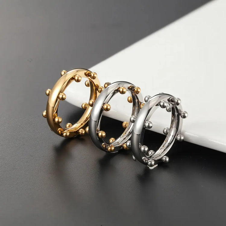Set di gioielli di lusso Bracciale rigido in acciaio inossidabile Anello da dito Orecchini a cerchio con mini sfere per regali di gioielli di moda da donna platinumshop