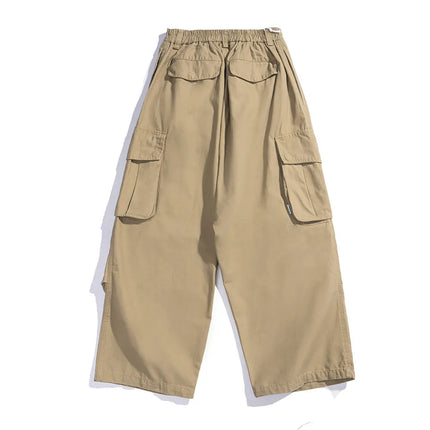 Multi-Pocket Cargo Pants Mens Safari Style Solid Color Pleated Loose Straight-leg Pants Elastic Waist Casual Trousers Men