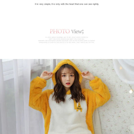 Jielur Warm Women Pajama Sets Winter Lady Long Sleeve Shirt+Pants Home suit Hooded Cartoon Print Thick Pijama Feminino