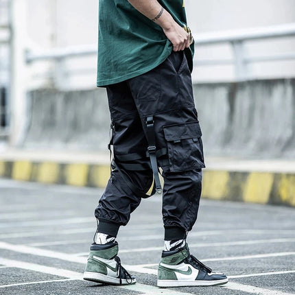 Tactical Cargo Pants Men Joggers Streetwear Ankle-length Pants Ribbons Elastic Waist Black Pant Hip Hop Male
