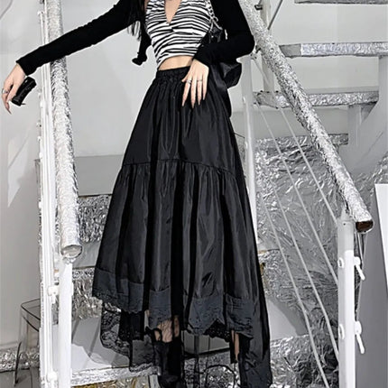 Y2k Gothic Tulle Pleated Skirt Black Lace Stitching Irregular Midi Skirt Women Vintage High Waist Long Skirt Korea Solid Hip Hop PlatiNum