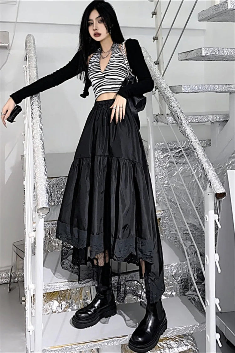 Y2k Gothic Tulle Pleated Skirt Black Lace Stitching Irregular Midi Skirt Women Vintage High Waist Long Skirt Korea Solid Hip Hop PlatiNum