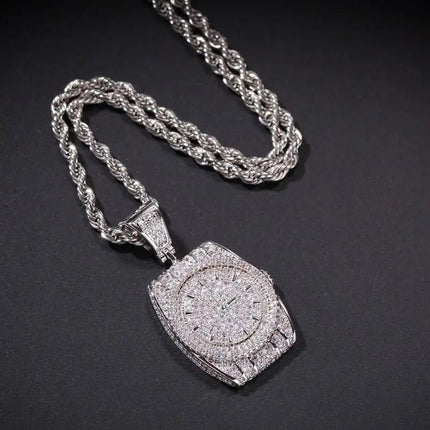Exquisite Zircon Watch Shape Pendant Necklace Men and Women Trend Hip-Hop Rock Party Jewelry Gift Accessories PlatiNum
