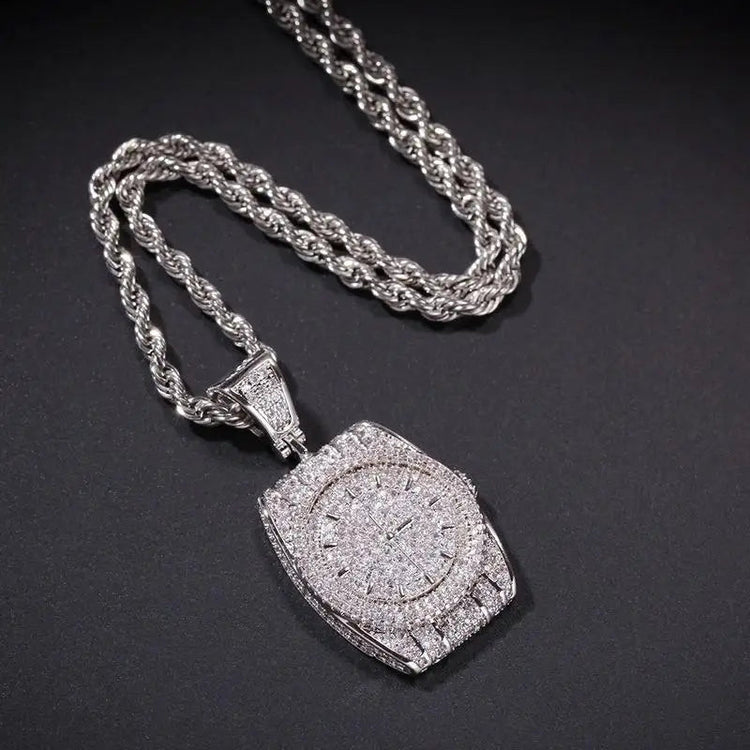 Exquisite Zircon Watch Shape Pendant Necklace Men and Women Trend Hip-Hop Rock Party Jewelry Gift Accessories PlatiNum