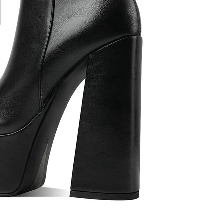 2021 Women Ankle Boots Platform Square High Heel Ladies Motorcycle Boots Faux Leather High High Quality Women's Boots Black