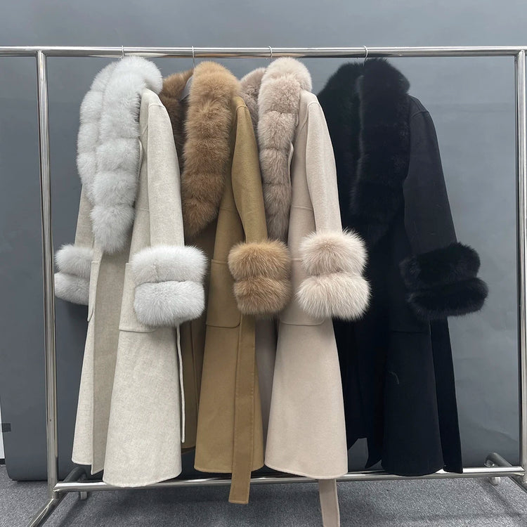 2022 New Arrival Women Wool Coat With Real Fox Fur Collar Cuff Slim Fit Elegant Belted Cashmere Long Coat Ladies Winter Coats