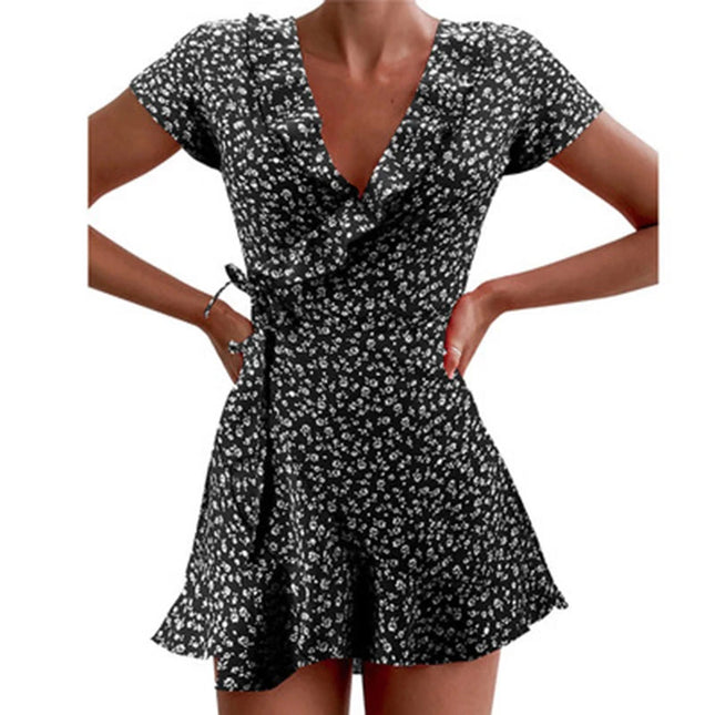 Women's Floal A-Line Summer Dress Sweet and Elegant Floral Ruffle V-Neck Dress Co
