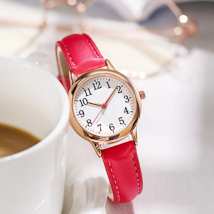Orologio al quarzo da donna alla moda per il tempo libero, numeri arabi facili da leggere, quadrante semplice, cinturino in pelle PU, colore caramella platinumshop
