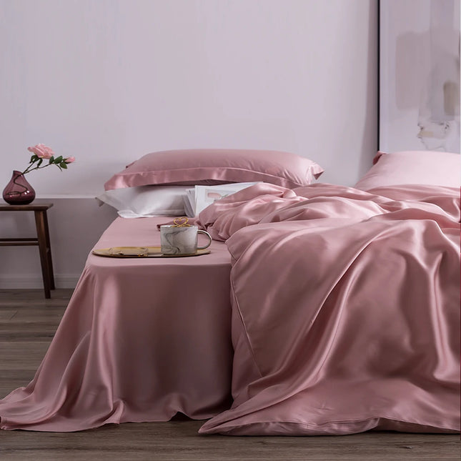 Liv-Esthete Summer High Grade Nature 100% Silk Pink Bedding Set Women Flat Sheet Duvet Cover Set Pillowcase Queen King Bed Set