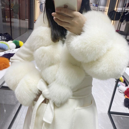 2022 New Arrival Women Wool Coat With Real Fox Fur Collar Cuff Slim Fit Elegant Belted Cashmere Long Coat Ladies Winter Coats