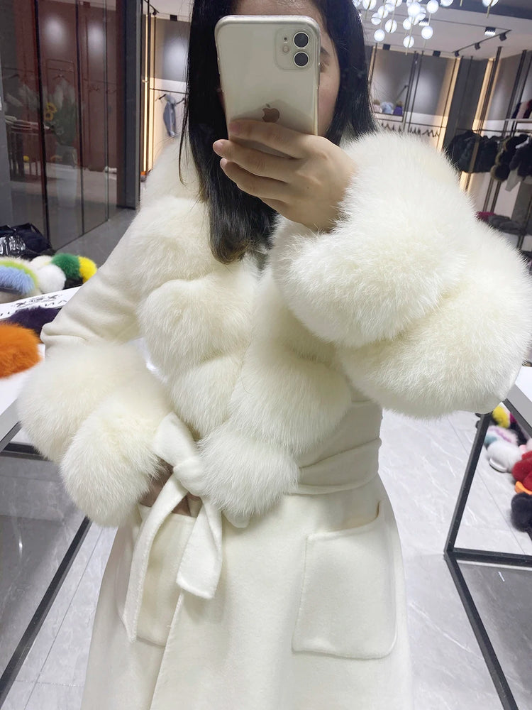 2022 New Arrival Women Wool Coat With Real Fox Fur Collar Cuff Slim Fit Elegant Belted Cashmere Long Coat Ladies Winter Coats