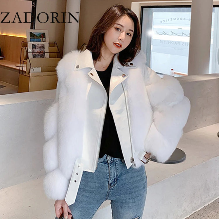 ZADORIN Top Fashion Luxury FAUX Fox Fur Coat Motorcycle PU Leather Turn Down Collar Warm Faux Fur Jacket Women Autumn Winter New
