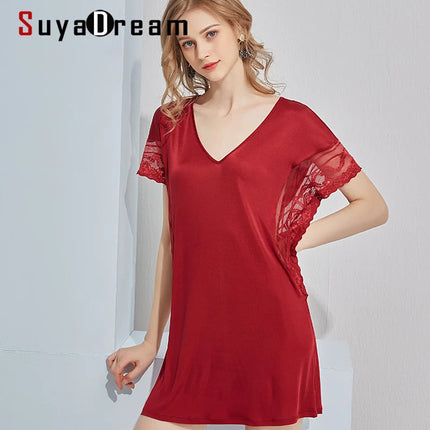 SuyaDream vestido de noche de seda para mujer de seda natural y encaje Mini vestidos sexy de vino negro camisones de verano 2021