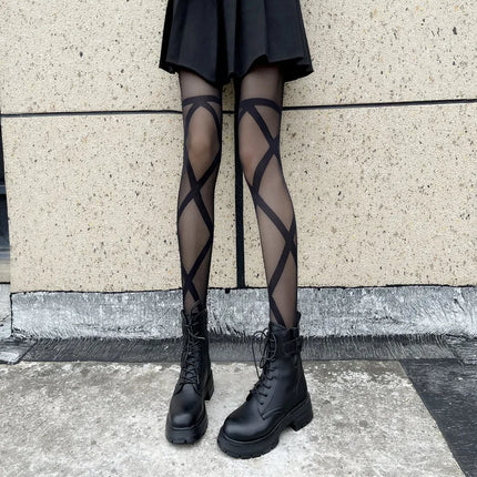 Collant Sexy da Donna Sottili in Jacquard a Rombi, Collant Gotici JK con Finte Cinghie Incrociate, Leggings
