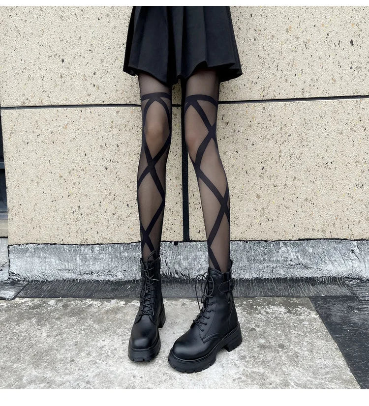 Collant Sexy da Donna Sottili in Jacquard a Rombi, Collant Gotici JK con Finte Cinghie Incrociate, Leggings