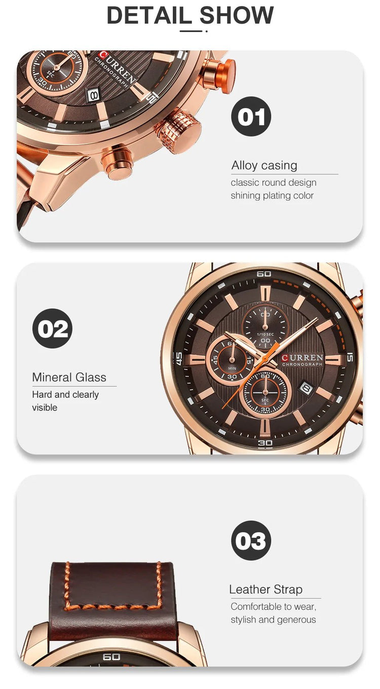 CURREN orologio da uomo in pelle orologi sportivi da uomo esercito militare orologio da polso al quarzo cronografo orologio maschile Relogio Masculino platinumshop