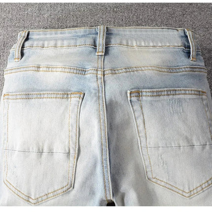 Men Crystal Holes Ripped Patchwork Jeans Streetwear Light Blue Denim Slim Skinny Pencil Pants Trousers PlatiNum