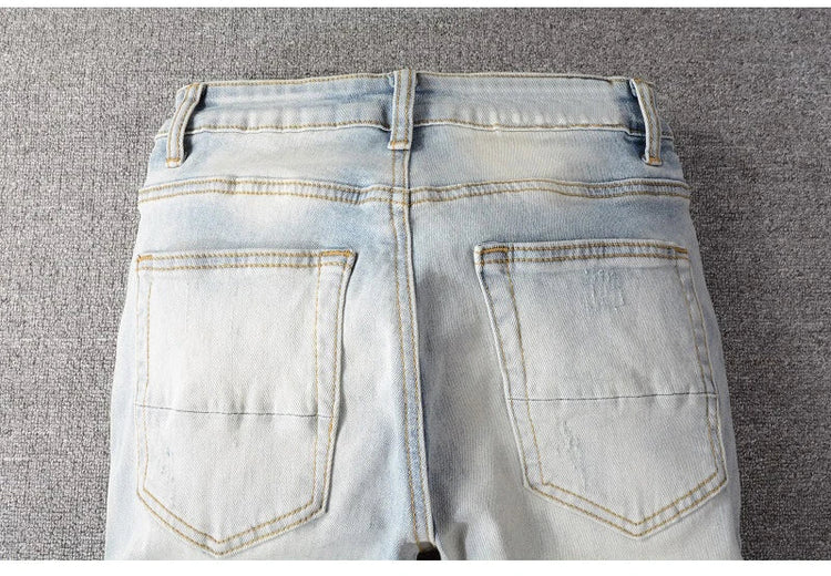 Men Crystal Holes Ripped Patchwork Jeans Streetwear Light Blue Denim Slim Skinny Pencil Pants Trousers PlatiNum