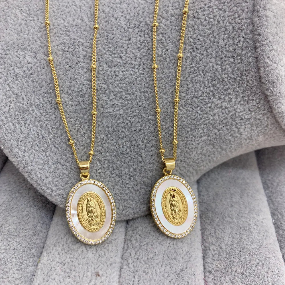 Ovale in metallo conchiglia di mare zircone vergine maria Guadalupe collana con ciondolo benedizione gioielli per le donne