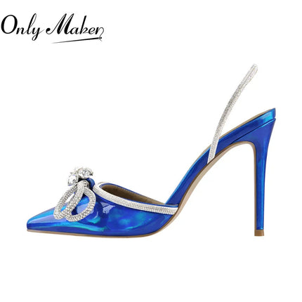 Onlymaker donna elegante tacchi a punta cristallo farfalla nodo lucido conciso partito tacchi alti sottili regalo di nozze sandali moda
