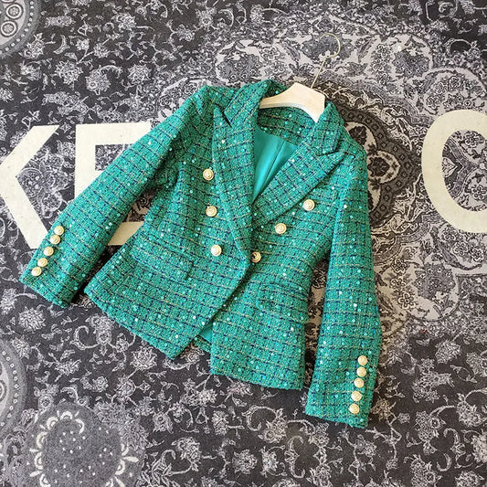 2025 New High Quality Autumn Winter Green Plaid Tweed Jacket Coat Vintage Women Turn Down Collar Sequined Thick Slim Outerwear