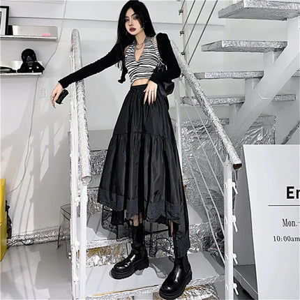 Y2k Gothic Tulle Pleated Skirt Black Lace Stitching Irregular Midi Skirt Women Vintage High Waist Long Skirt Korea Solid Hip Hop PlatiNum