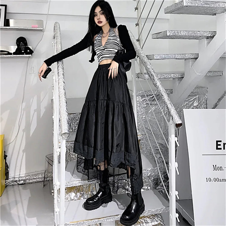 Y2k Gothic Tulle Pleated Skirt Black Lace Stitching Irregular Midi Skirt Women Vintage High Waist Long Skirt Korea Solid Hip Hop PlatiNum
