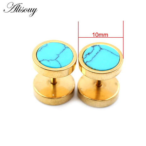 Alisouy 2 pz Acciaio Inossidabile Double Sided Rotondo Pietra Manubri Uomo Donna Vite Stud Bilanciere Orecchini Penetranti Spina per L'orecchio Finto platinumshop