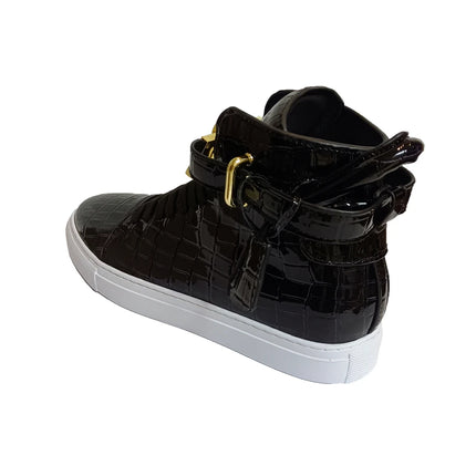 Luxury Designer Men Crocodile Pattern High Top Sneakers Glossy Patent Leather Gold Buckle Lace-up Casual Street Shoes Footwear