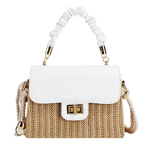 2021 Women's Straw Beach Bag Summer Pleated Handle Luxury Designer Handbag Contrast Color Shoulder Bag and Handbag Lady Bolsos
