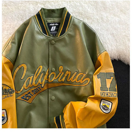 American retro letter embroidered jackets coats men's motorcycle bomb street leather baseball uniform couple casual loose jacket