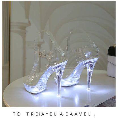 Light Up Glowing Shoes Woman Luminous Clear Sandals Women Platform Shoes LED 13cm High Heel Transparent Stripper Heels Shoes
