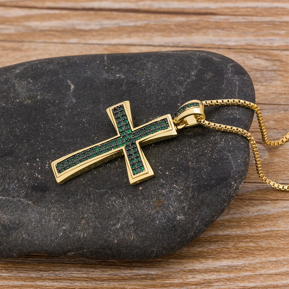 AIBEF Nuova Croce Blu/Viola/Verde Collana di Cristallo Rame Zircone Cubico Collana Girocollo 4 Colori Religione Gioielli Regalo Per La Festa