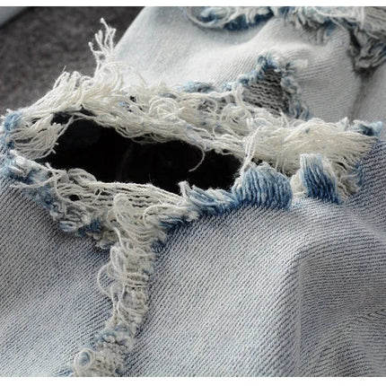 Men Crystal Holes Ripped Patchwork Jeans Streetwear Light Blue Denim Slim Skinny Pencil Pants Trousers PlatiNum