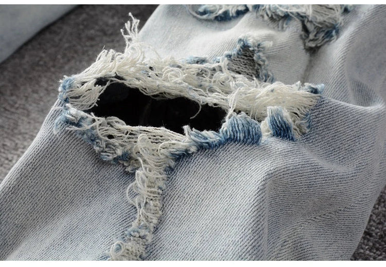 Men Crystal Holes Ripped Patchwork Jeans Streetwear Light Blue Denim Slim Skinny Pencil Pants Trousers PlatiNum