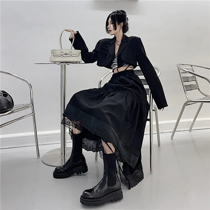 Y2k Gothic Tulle Pleated Skirt Black Lace Stitching Irregular Midi Skirt Women Vintage High Waist Long Skirt Korea Solid Hip Hop PlatiNum