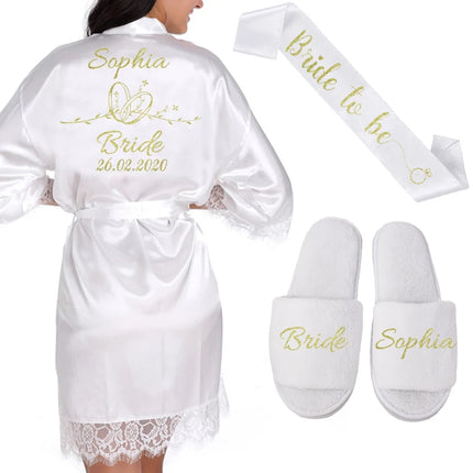 Data personalizzata Nome Kimono in pizzo Abito da donna Matrimonio Sposa Abiti da damigella d'onore Addio al nubilato Preparewear