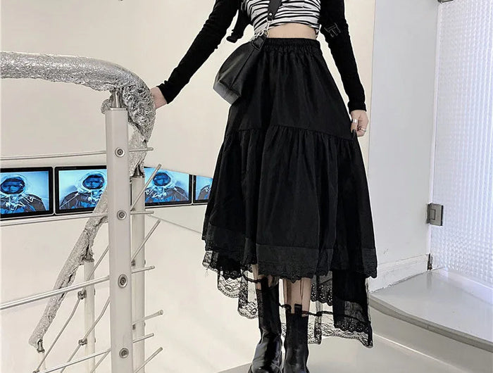 Y2k Gothic Tulle Pleated Skirt Black Lace Stitching Irregular Midi Skirt Women Vintage High Waist Long Skirt Korea Solid Hip Hop PlatiNum