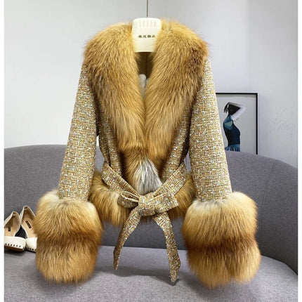 Female Winter ThickCotton Thin Short Woolen Jacket Women New Slim Imported Whole Skin Red Fox Fur Collar Imitation Fur Coat A863