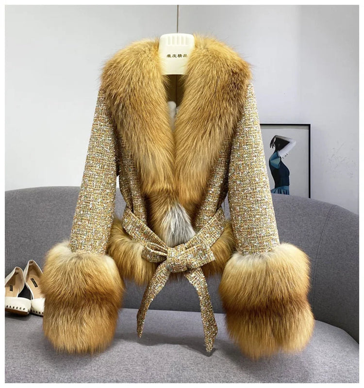 Female Winter ThickCotton Thin Short Woolen Jacket Women New Slim Imported Whole Skin Red Fox Fur Collar Imitation Fur Coat A863