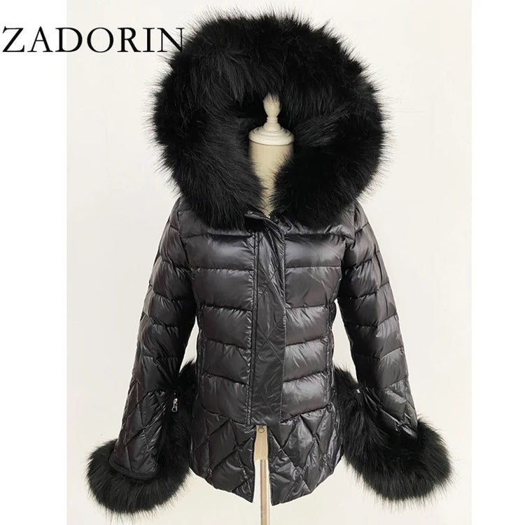 ZADORIN 2025 Trend White Duck Down Patchwork Faux Fur Jacket Women Winter Warm Big FAUX Raccoon Fur Hood Women Faux Fur Coat