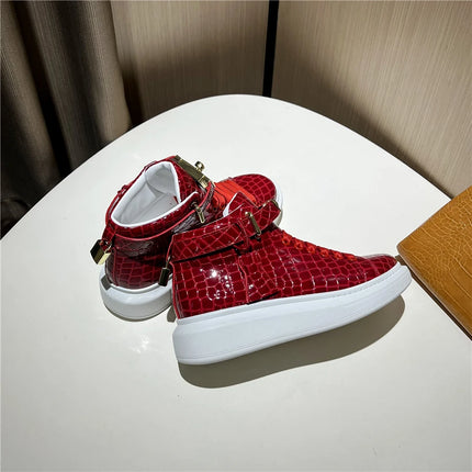 2026 Mid-Top Sneakers Men Alligator Pattern Round Toe Lock Decoration Lace Flats Glossy Cow Leather Casual Shoes
