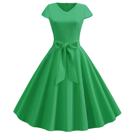 Robe d'été vintage pour femme avec ceinture, manches courtes, col en V, élégante robe de soirée rétro évasée